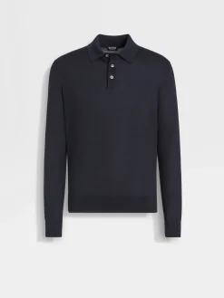 Sweaters>ZEGNA Navy Blue Mélange Cashseta Polo Shirt NavyBlueMélange