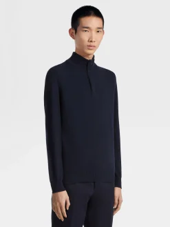 Sweaters>ZEGNA Navy Blue Mélange Oasi Cashmere Zip Mock Neck Sweater NavyBlueMélange