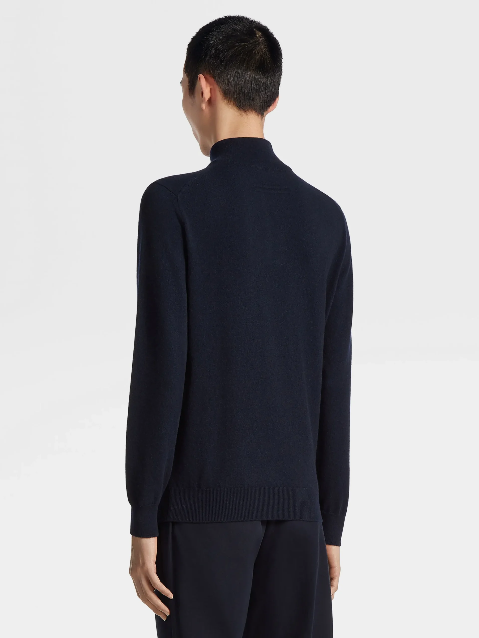 Sweaters>ZEGNA Navy Blue Mélange Oasi Cashmere Zip Mock Neck Sweater NavyBlueMélange