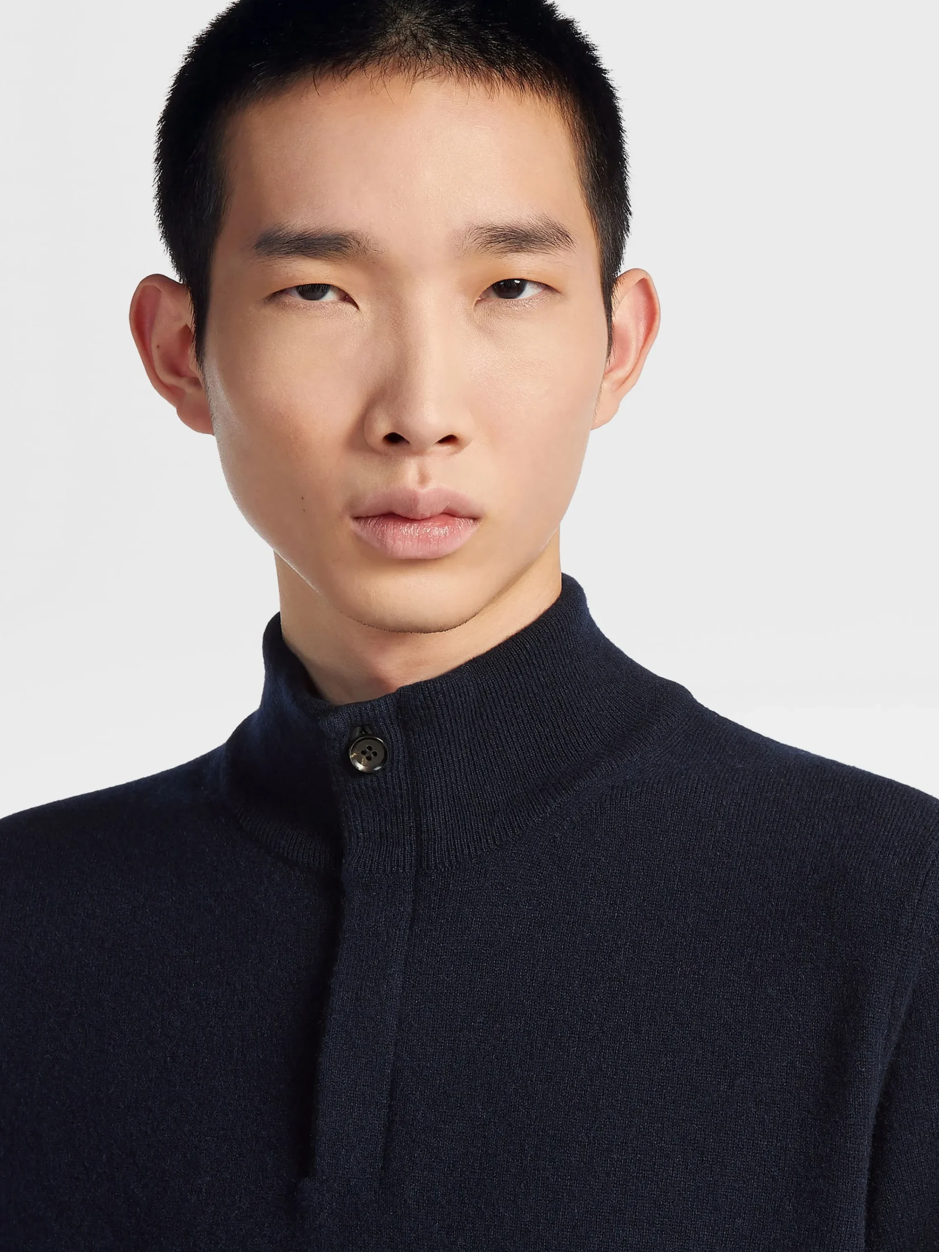 Sweaters>ZEGNA Navy Blue Mélange Oasi Cashmere Zip Mock Neck Sweater NavyBlueMélange