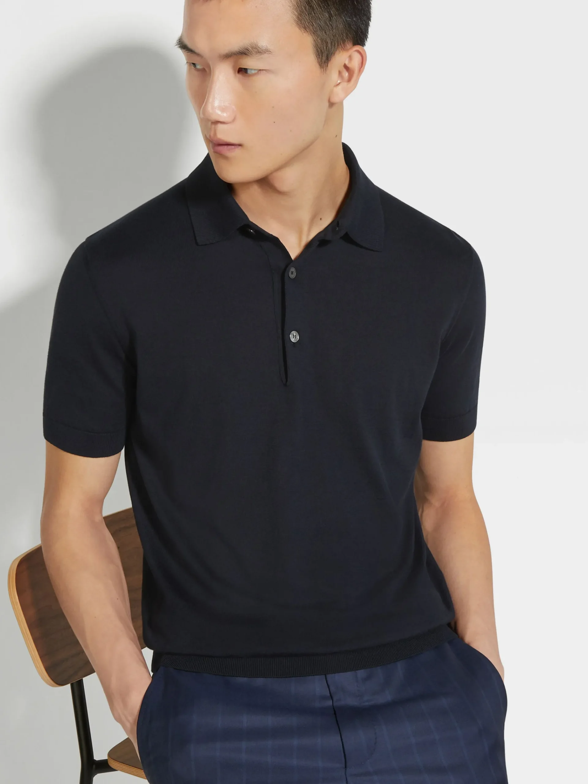 Sweaters>ZEGNA Navy Blue Premium Cotton Polo Shirt NavyBlue