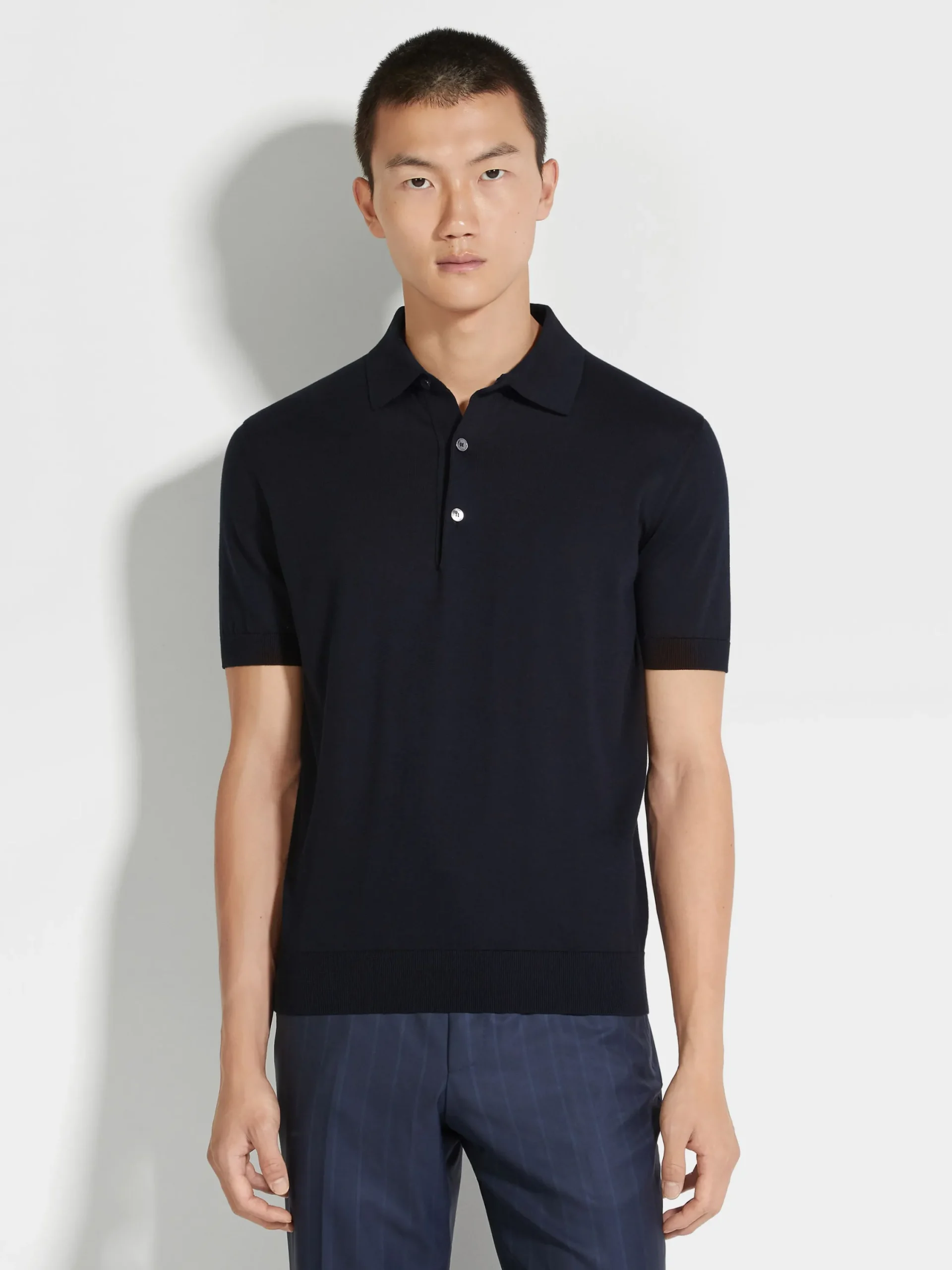 Sweaters>ZEGNA Navy Blue Premium Cotton Polo Shirt NavyBlue