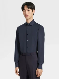 Shirts>ZEGNA Navy Blue Trofeo™ Comfort Cotton Shirt NavyBlue