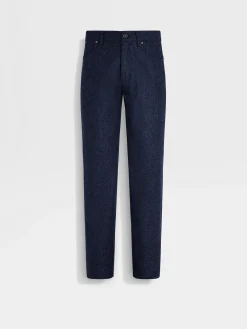 Jeans>ZEGNA Navy Blue Wool and Cashmere Roccia Pants NavyBlue