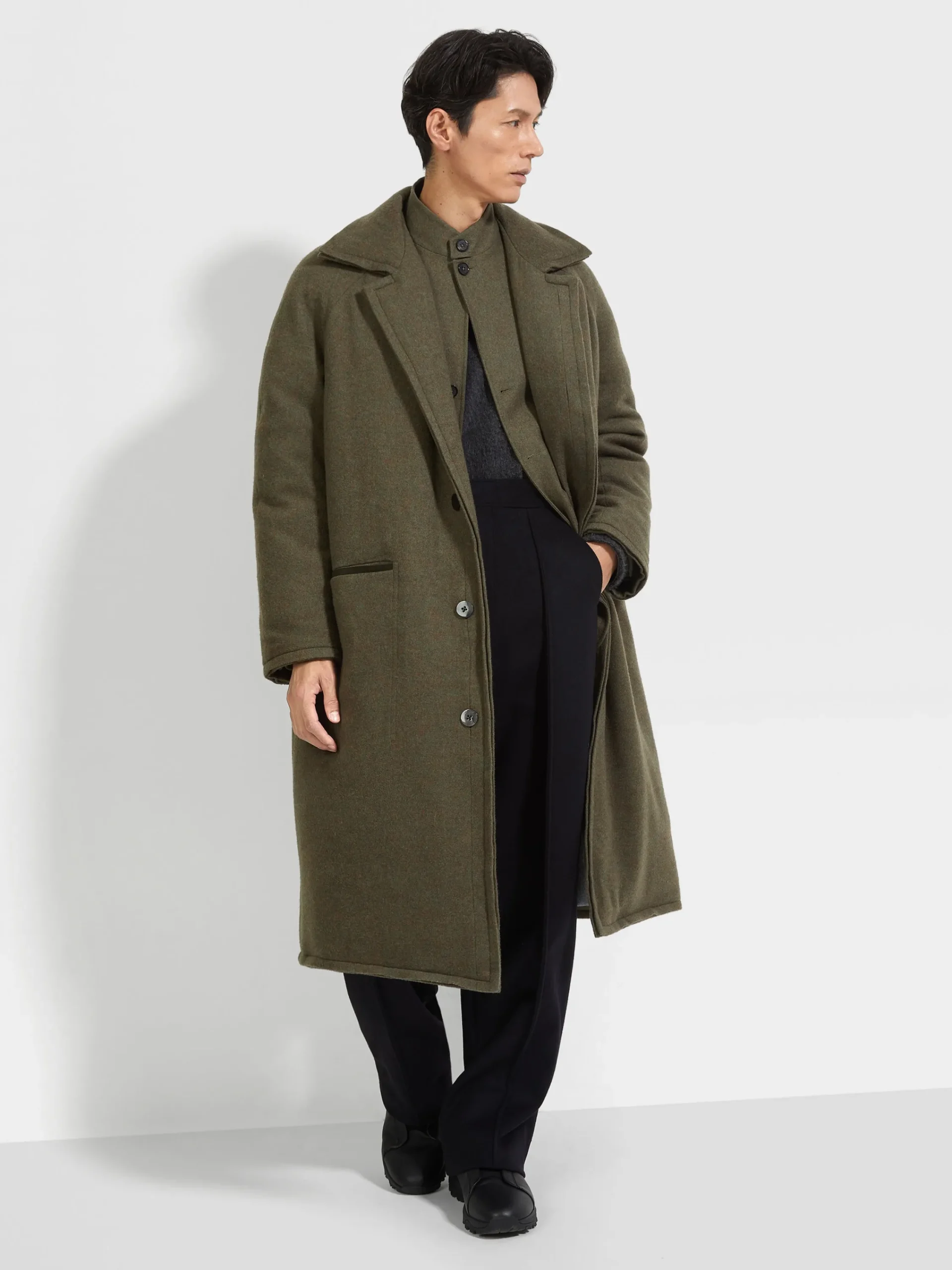 Jackets And Coats>ZEGNA Oasi Cashmere Elements Coat ArmyGreenMultimélange