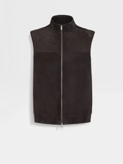 Jackets And Coats>ZEGNA Suede Vest DarkBrown