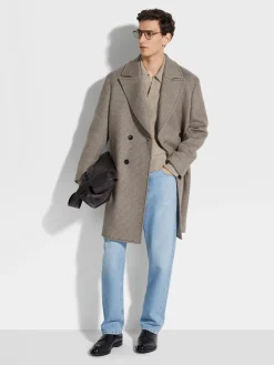 Jackets And Coats>ZEGNA Taupe and Grey Cashmere and Wool Blend Overcoat Taupe/Grey