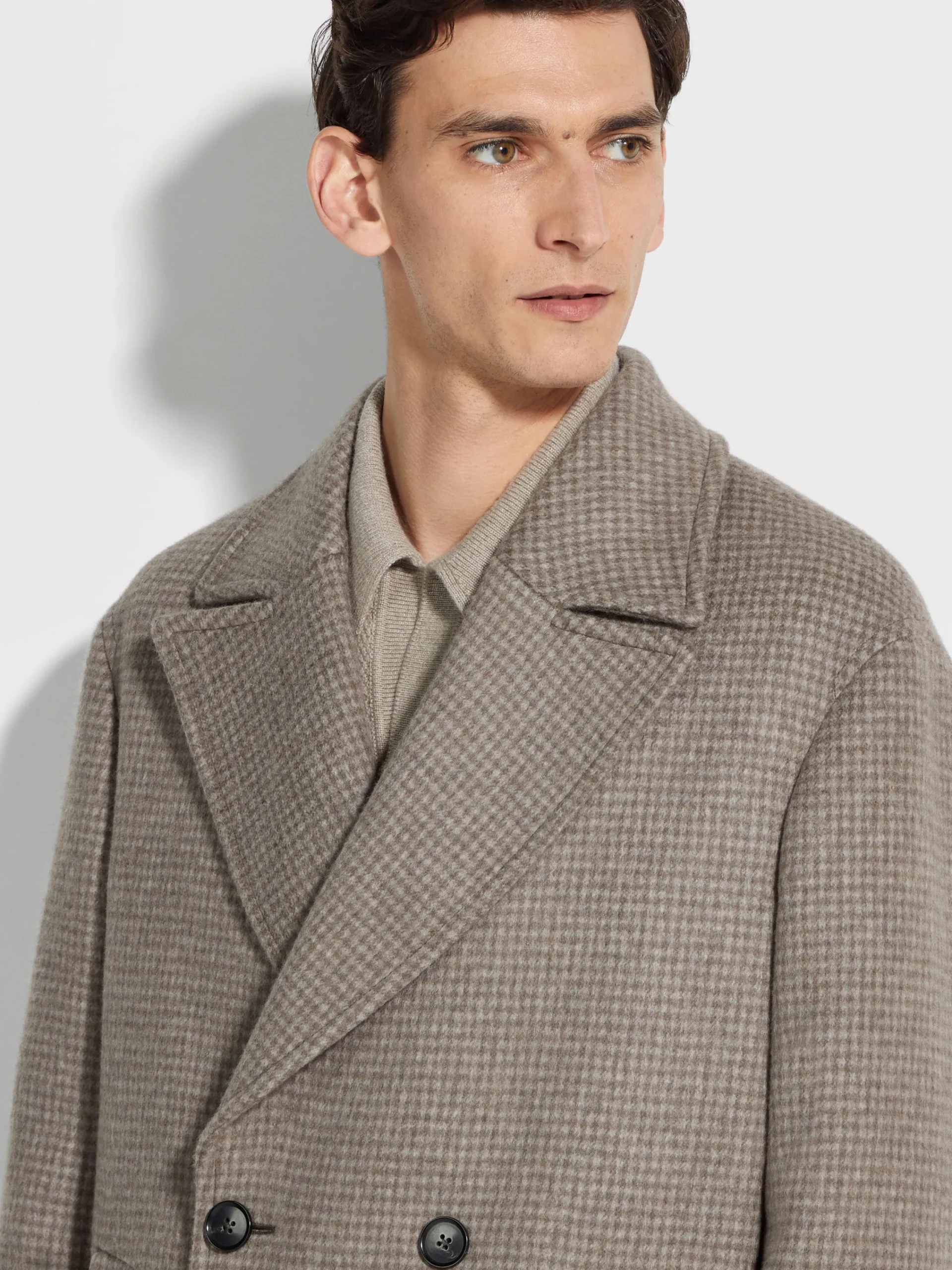 Jackets And Coats>ZEGNA Taupe and Grey Cashmere and Wool Blend Overcoat Taupe/Grey