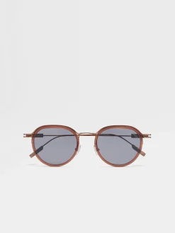 Sunglasses>ZEGNA Transparent Brown Acetate and Metal Sunglasses TransparentBrown