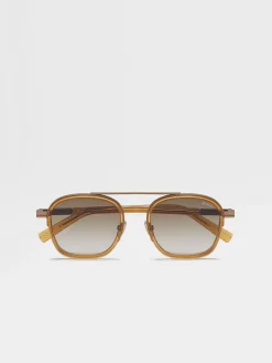 Resort Essentials|Sunglasses>ZEGNA Transparent Golden Syrup Orizzonte I Acetate and Metal Sunglasses TransparentGoldenSyrup
