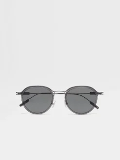 Sunglasses>ZEGNA Transparent Grey and Dark Ruthenium Acetate and Metal Sunglasses TransparentGrey/DarkRuthenium