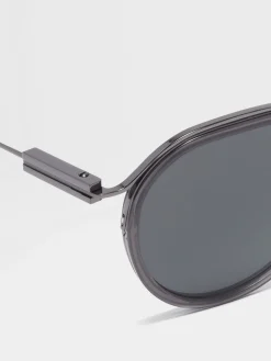 Sunglasses>ZEGNA Transparent Grey and Dark Ruthenium Acetate and Metal Sunglasses TransparentGrey/DarkRuthenium