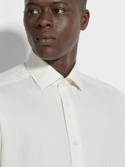 Shirts>ZEGNA White and Light Beige Macro-striped Silk Cotton and Cashmere Shirt White/LightBeige