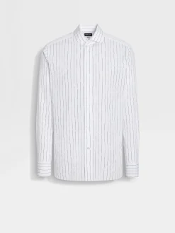 Shirts>ZEGNA White and Navy Blue Macro-striped Centoventimila Cotton Shirt White/NavyBlue