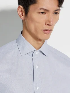 Shirts>ZEGNA White and Navy Blue Micro-structured Centoventimila Cotton Shirt White/NavyBlue