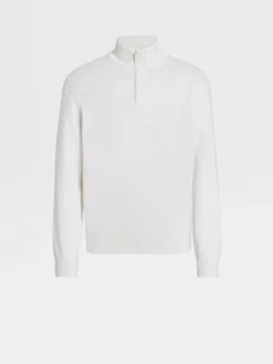 Sweaters>ZEGNA White Mélange Oasi Cashmere Zip Mock Neck Sweater WhiteMélange