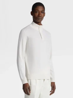 Sweaters>ZEGNA White Mélange Oasi Cashmere Zip Mock Neck Sweater WhiteMélange