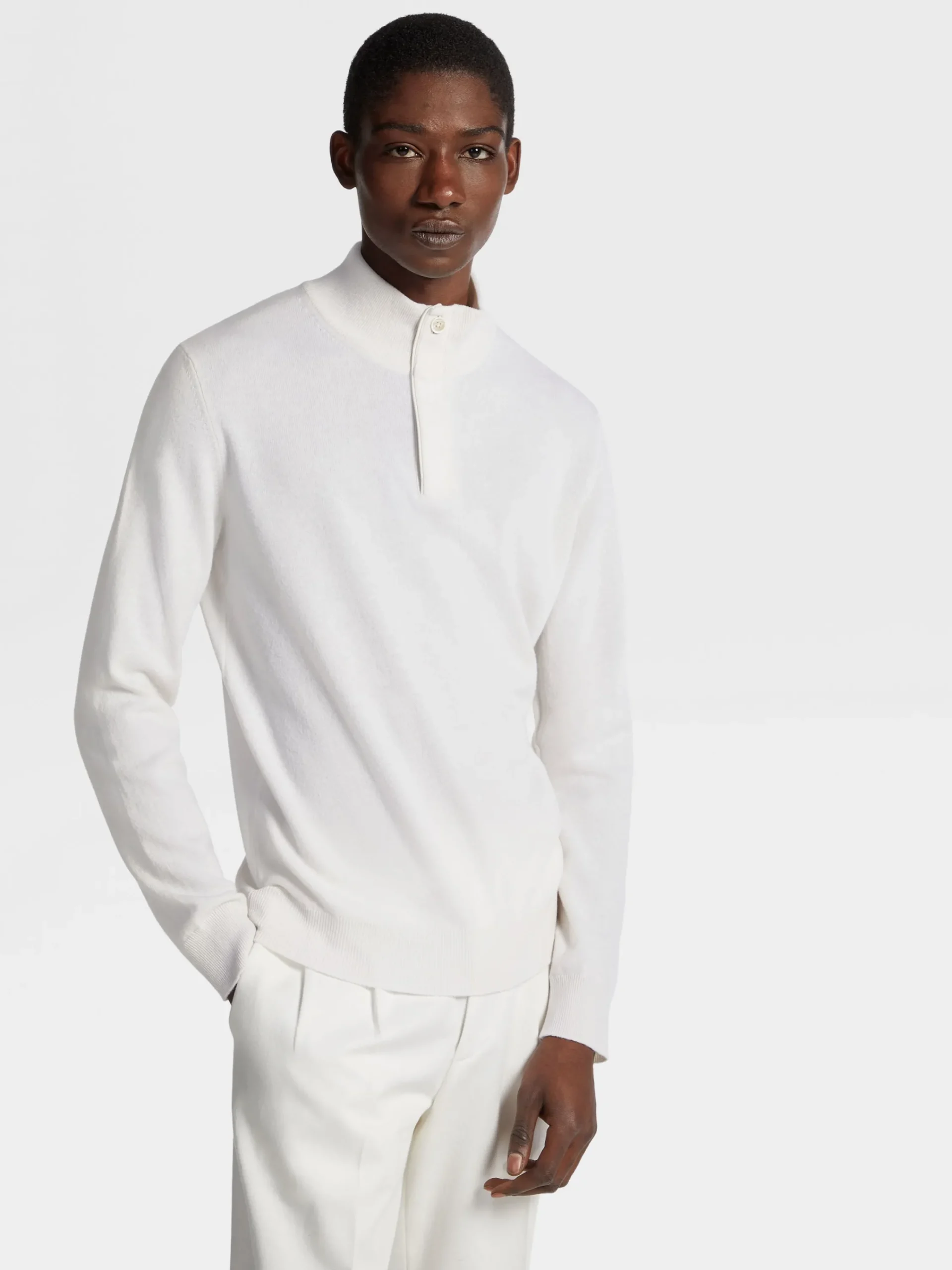 Sweaters>ZEGNA White Mélange Oasi Cashmere Zip Mock Neck Sweater WhiteMélange